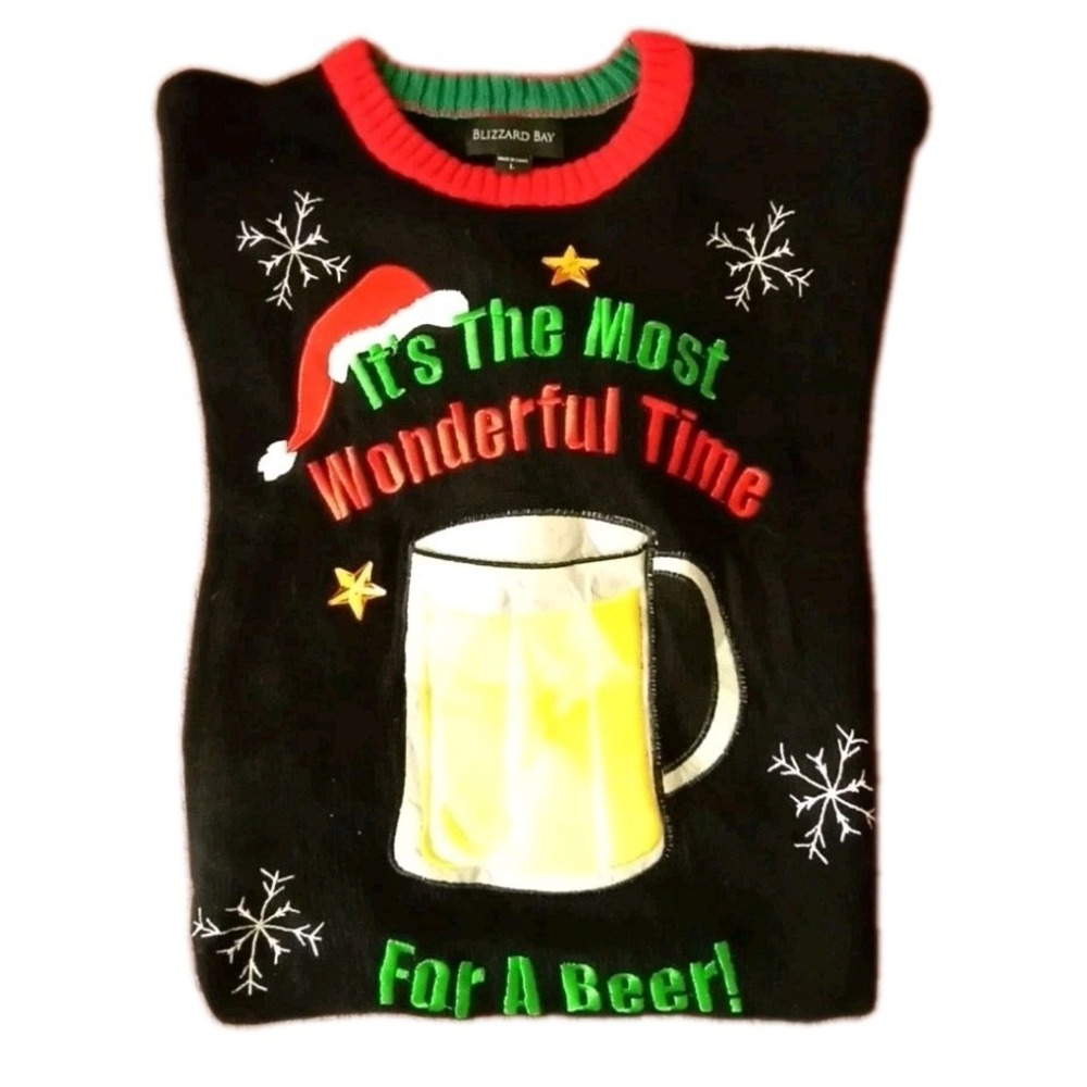 Blizzard Bay Ugly Christmas Sweater With Beer‎ Pocket Men's Large Cotton